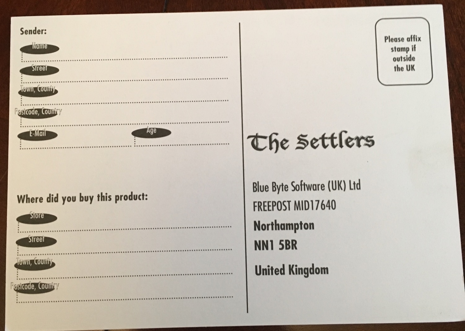 The Settlers Registration Card Back